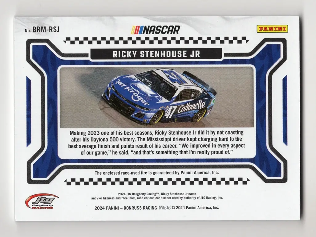 Autographed Ricky Stenhouse Jr. 2024 Donruss Racing Burning Rubber (Race-Used Tire) Memorabilia Relic Signed Nascar Collectible Trading Card #25/99 (Only 99 Made) 2