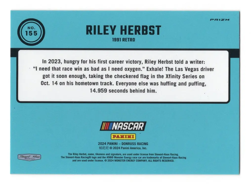 Autographed Riley Herbst 2024 Donruss Optic Racing 1991 Retro Silver Prizm Insert Signed Nascar Collectible Trading Card With Coa 2