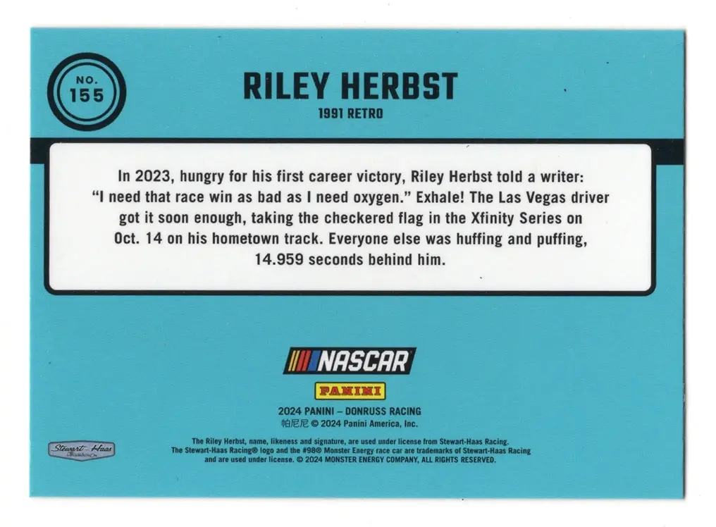 Autographed Riley Herbst 2024 Donruss Optic Racing 1991 Retro (Xfinity Series) Signed Nascar Collectible Trading Card With Coa 2