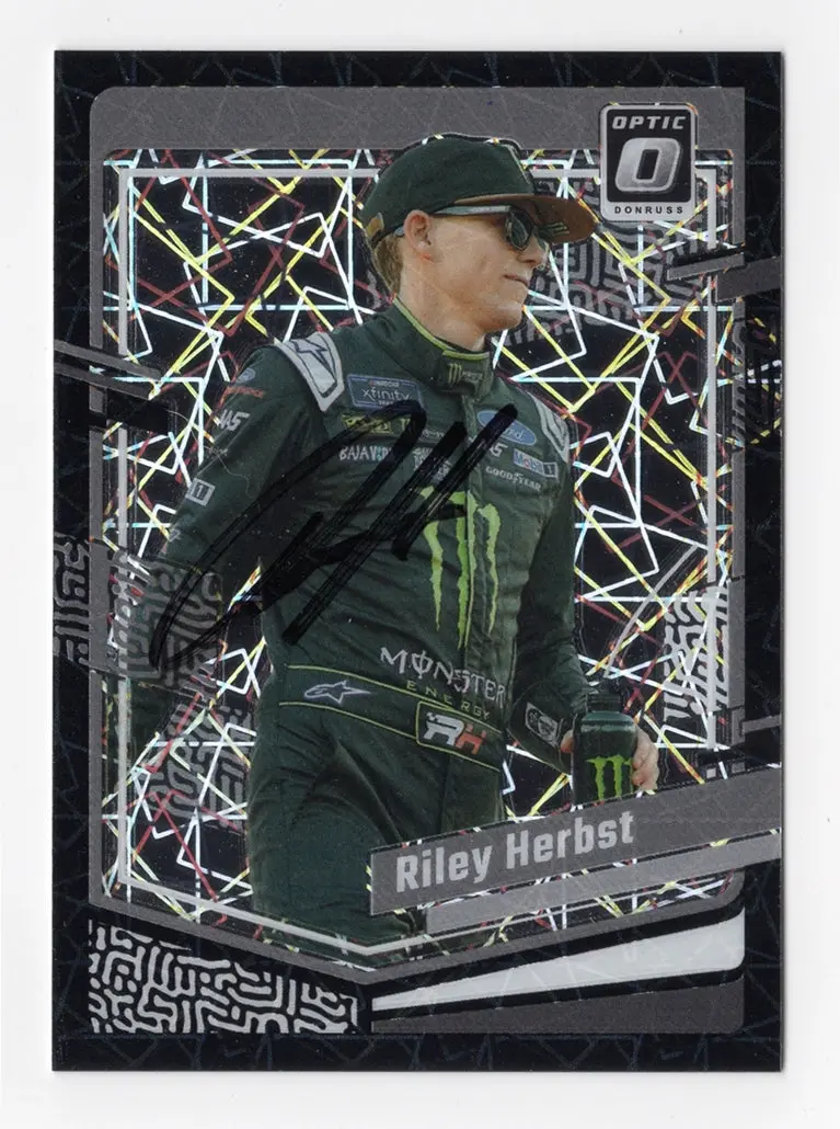 Autographed Riley Herbst 2024 Donruss Optic Racing Black Prizm Rare Insert Signed Nascar Collectible Trading Card #03/39 1