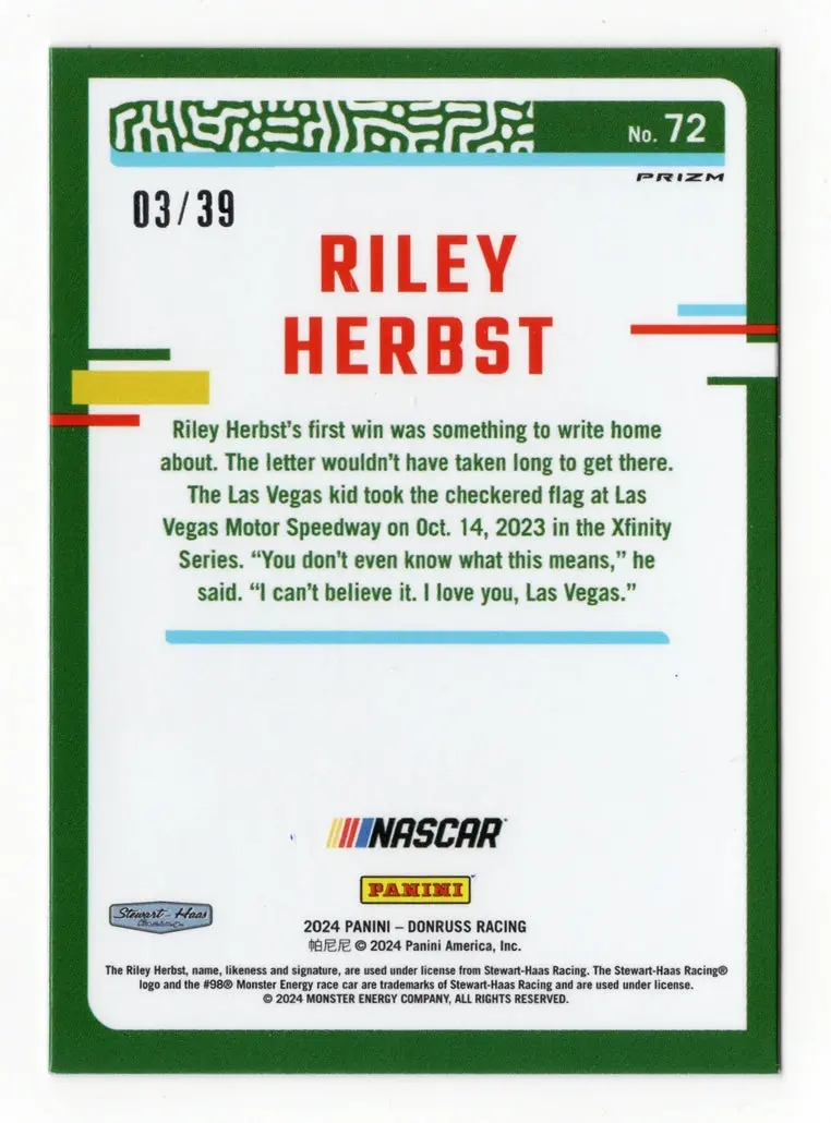 Autographed Riley Herbst 2024 Donruss Optic Racing Black Prizm Rare Insert Signed Nascar Collectible Trading Card #03/39 2