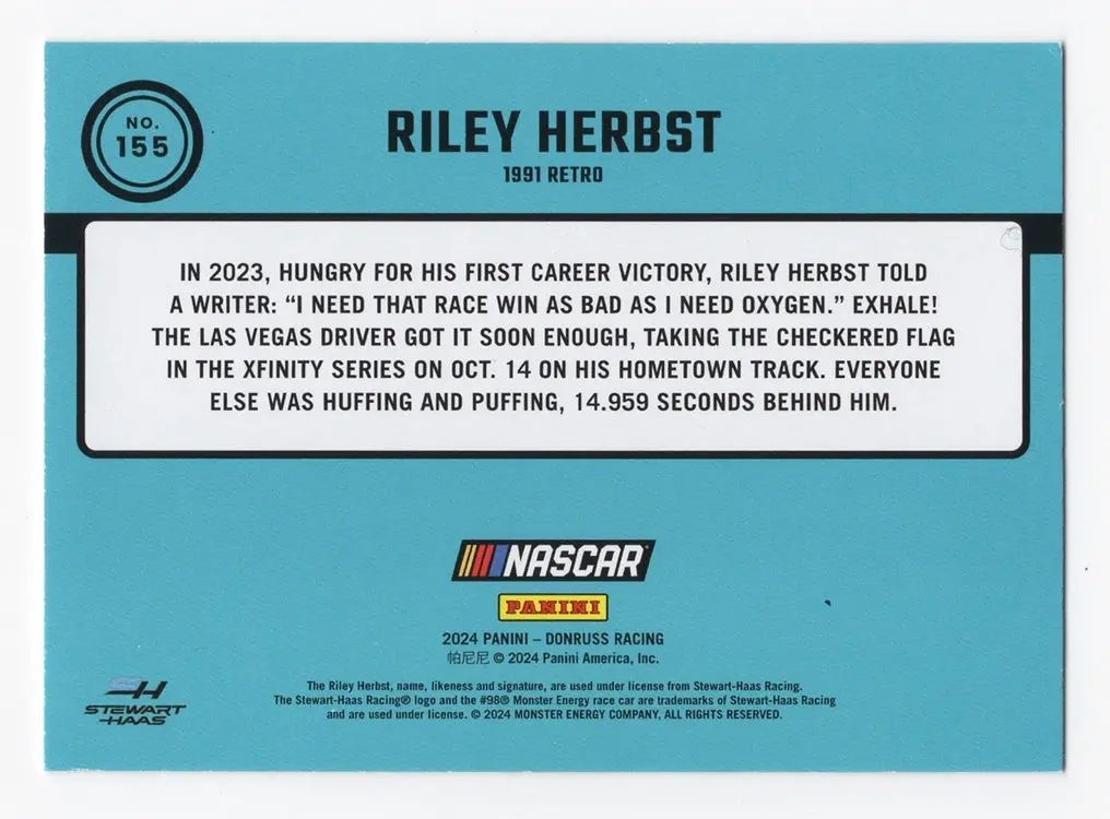 Autographed Riley Herbst 2024 Donruss Racing 1991 Retro (Xfinity Series) Signed Nascar Collectible Trading Card With Coa 2