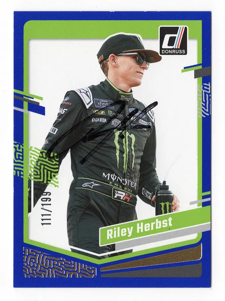 Autographed Riley Herbst 2024 Donruss Racing Blue Parallel Rare Insert Signed Nascar Collectible Trading Card #111/199 (Only 199 Made) 1