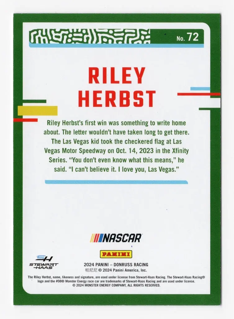 Autographed Riley Herbst 2024 Donruss Racing Blue Parallel Rare Insert Signed Nascar Collectible Trading Card #111/199 (Only 199 Made) 2