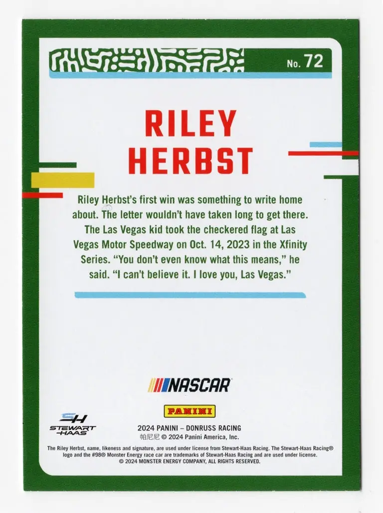 Autographed Riley Herbst 2024 Donruss Racing (Monster Team) Xfinity Series Signed Nascar Collectible Trading Card With Coa 2