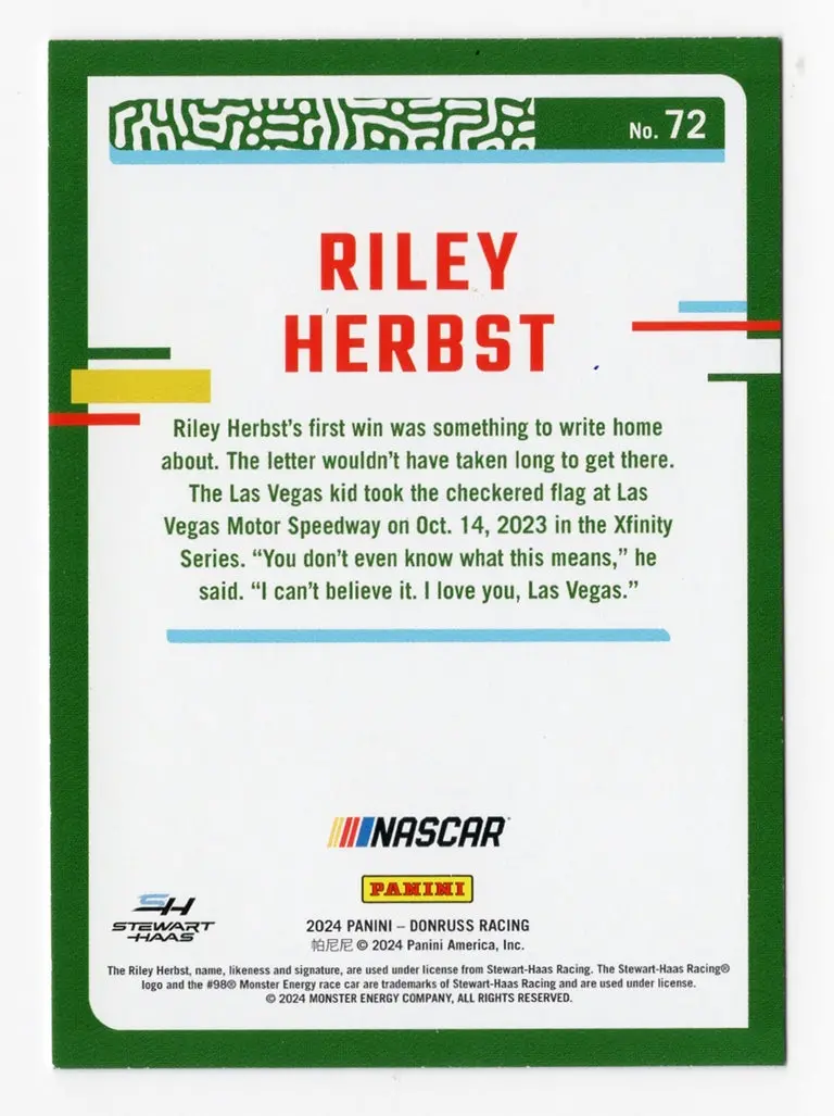 Autographed Riley Herbst 2024 Donruss Racing Red & Blue Parallel Insert Signed Nascar Collectible Trading Card With Coa 2