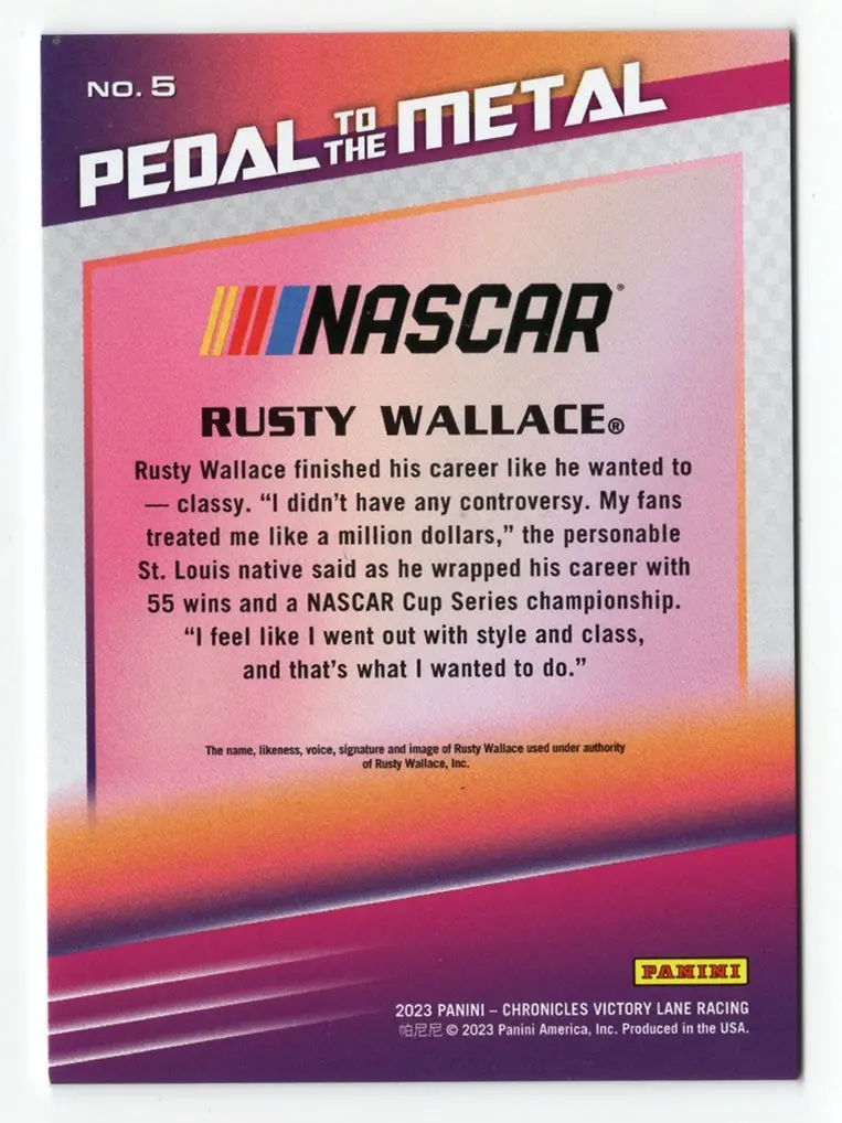 Autographed Rusty Wallace 2023 Panini Chronicles Racing Pedal To The Metal Signed Nascar Collectible Trading Card With Coa 2