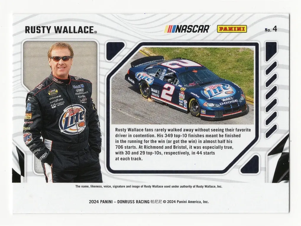 Autographed Rusty Wallace 2024 Donruss Racing Production Line (349 Career Top 10'S) Signed Nascar Collectible Trading Card With Coa 2