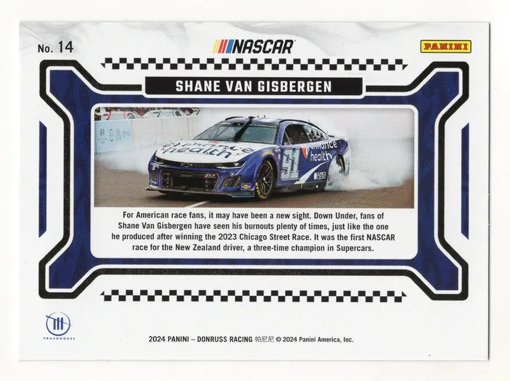 Autographed Shane Van Gisbergen 2024 Donruss Racing Burning Rubber (Chicago Street Burnout) Signed Nascar Collectible Trading Card With Coa 2