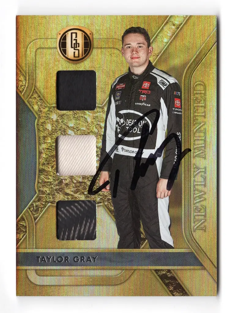 Autographed Taylor Gray 2023 Panini Gold Standard Racing Newly Minted (Triple Relic) Race-Used Memorabilia Signed Nascar Trading Card With Coa 1