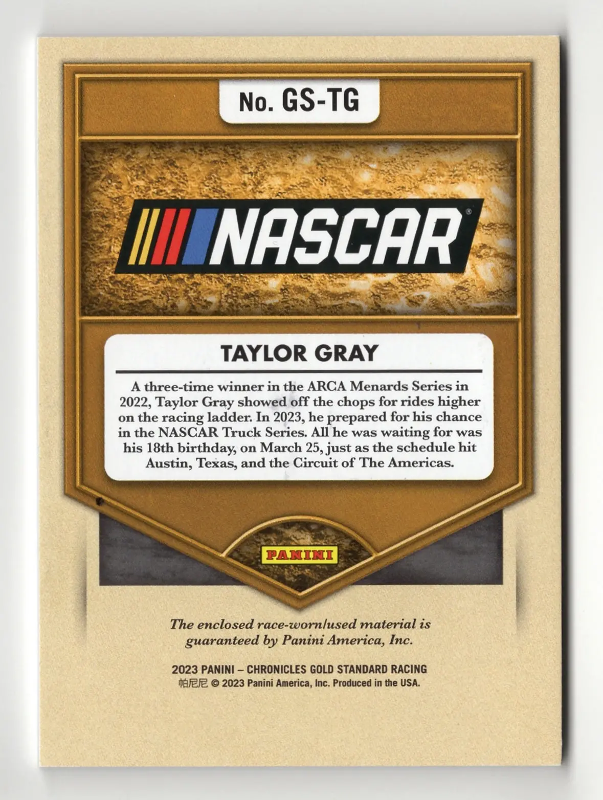 Autographed Taylor Gray 2023 Panini Gold Standard Racing Newly Minted (Triple Relic) Race-Used Memorabilia Signed Nascar Trading Card With Coa 2