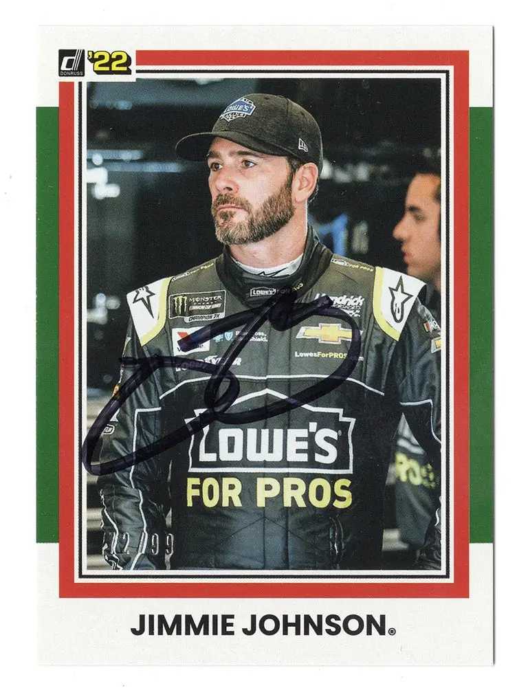 Autographed Jimmie Johnson 2022 Donruss Racing Champ (#48 Lowes For Pros) Rare Green Parallel Insert Signed Nascar Collectible Trading Card #72/99 With Coa 1
