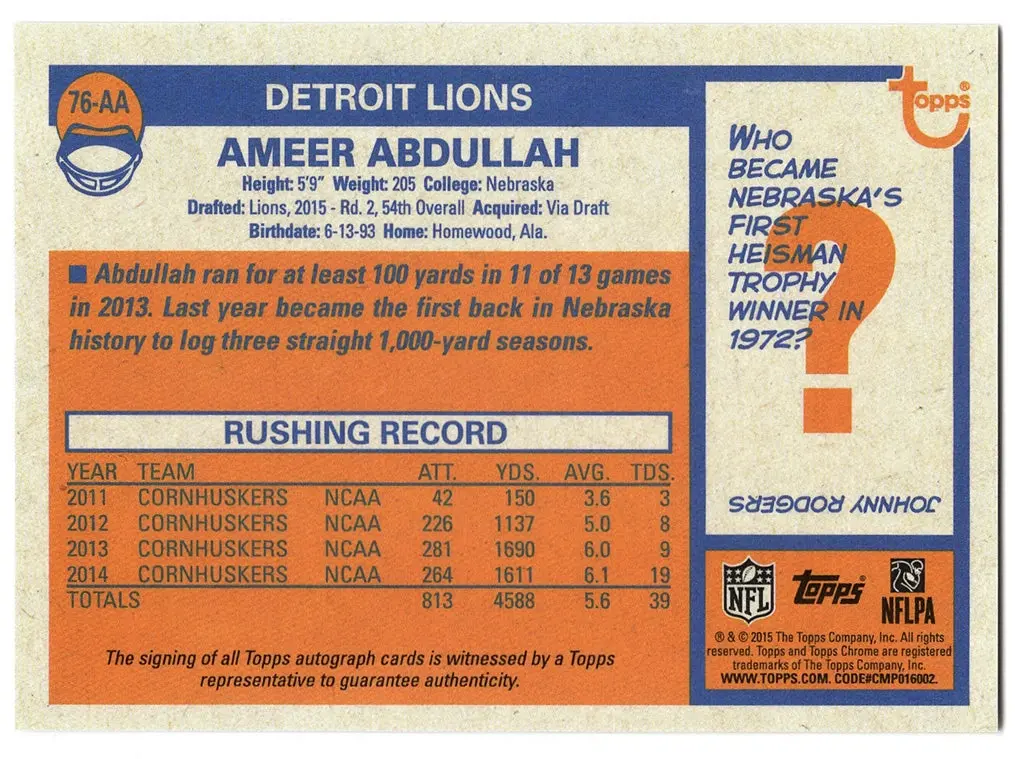 Autographed Ameer Abdullah 2015 Topps Chrome Rookie Season (Detroit Lions) Mini Rare Signed Insert Nfl Collectible Football Trading Card #06/25 2