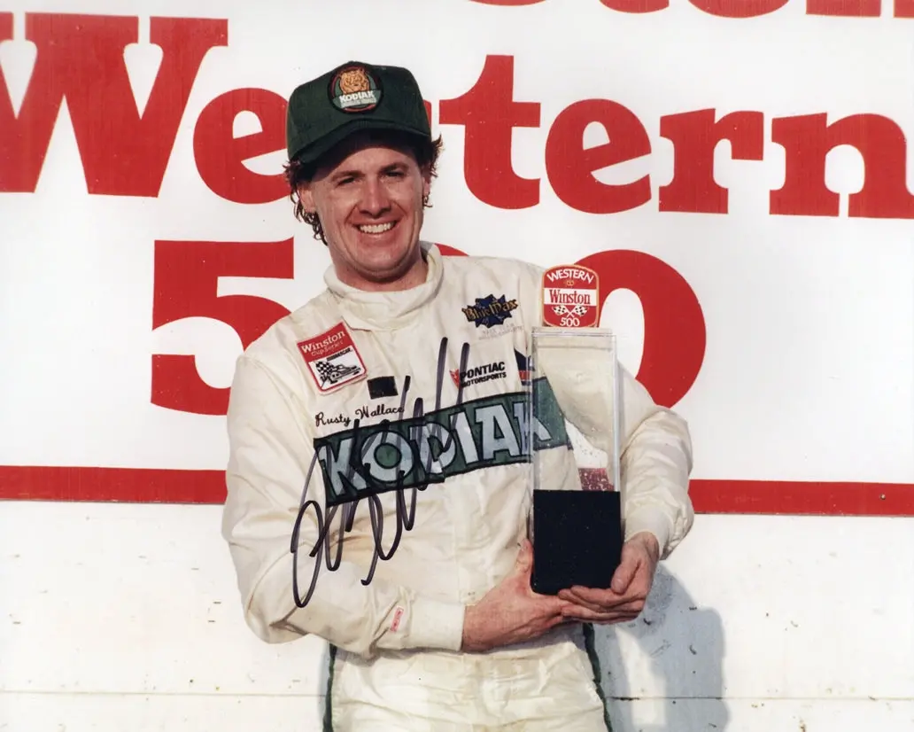 Autographed 1987 Rusty Wallace #27 Kodiak Racing - Riverside Raceway Win (Western 500 Trophy) Signed 8X10 Inch Picture Nascar Glossy Photo With Coa 1