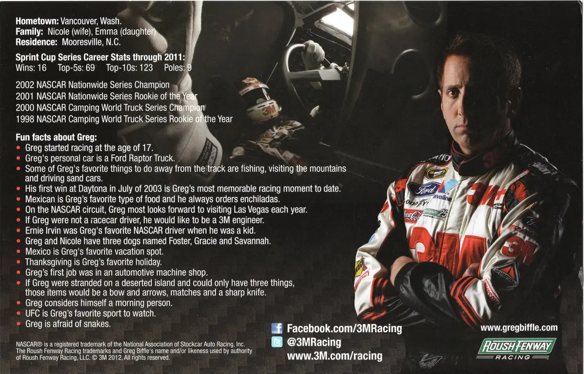 Autographed 2012 Greg Biffle #16 Roush Racing 3M Team (Official Hero Card) Blue Auto Signed 5X7 Inch Picture Nascar Photo With Coa 2