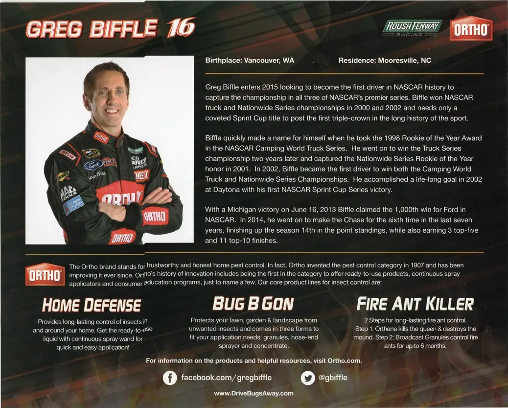 Autographed 2015 Greg Biffle #16 Roush-Fenway Racing (Official Hero Card) Signed 8X10 Inch Picture Nascar Photo With Coa 2