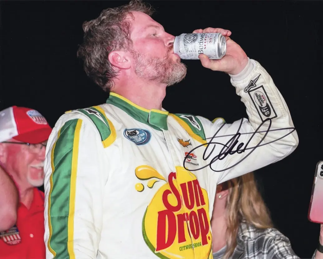 Autographed 2022 Dale Earnhardt Jr. #3 Sun Drop - North Wilkesboro Late Model Race (Post-Race Beer Chug) Signed 8X10 Inch Picture Nascar Glossy Photo With Coa 1