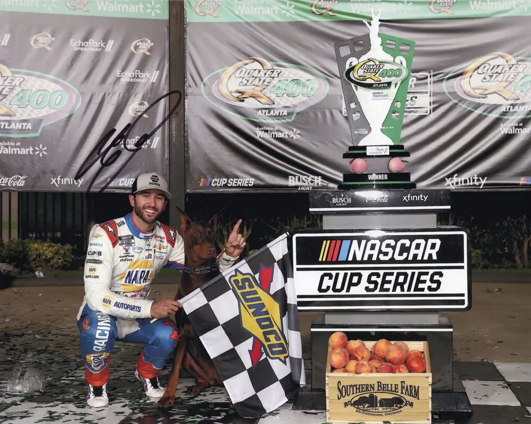 Autographed 2025 Chase Elliott #9 Napa Childrens - Atlanta Race Win (Victory Lane With Dog) Signed 8X10 Inch Picture Nascar Glossy Photo With Coa 1