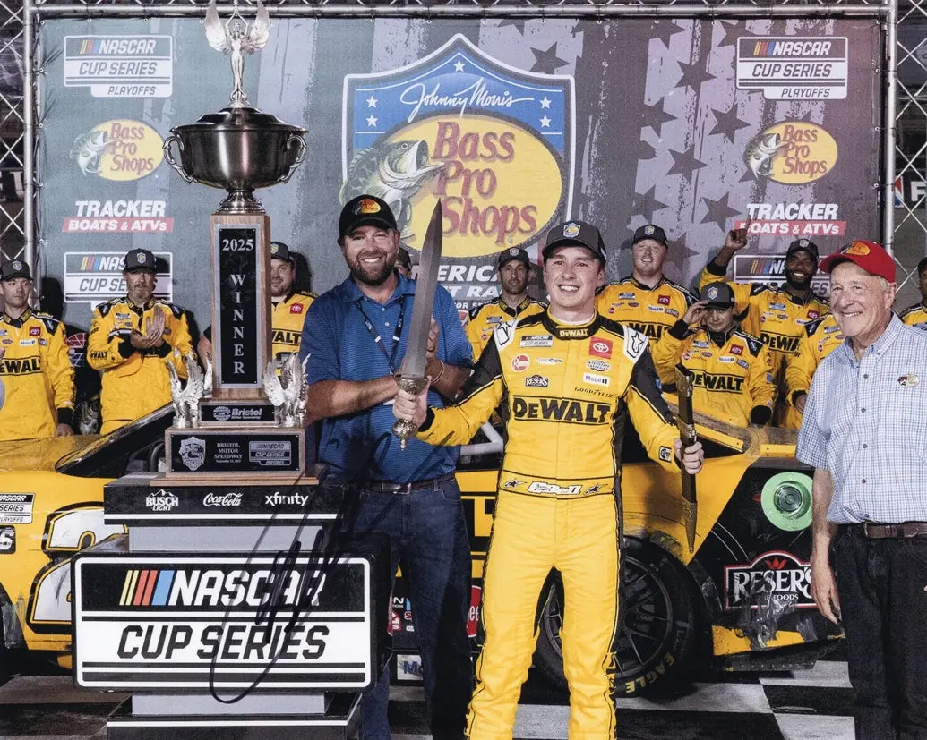 Autographed 2025 Christopher Bell #20 Dewalt Racing - Bristol Race Win (Victory Lane Trophy) Signed 8X10 Inch Picture Nascar Glossy Photo With Coa 1