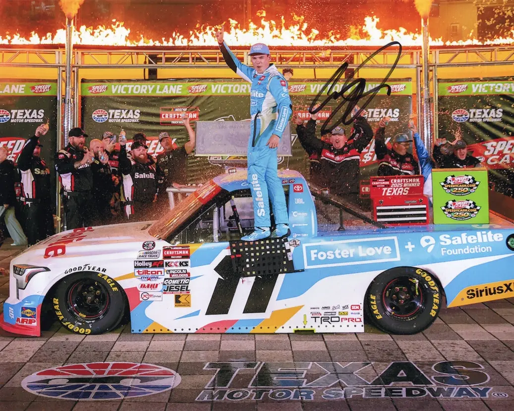 Autographed 2025 Corey Heim #11 Safelite Foundation - Texas Race Win (Victory Lane Fire) Truck Series Signed 8X10 Inch Picture Nascar Glossy Photo With Coa 1