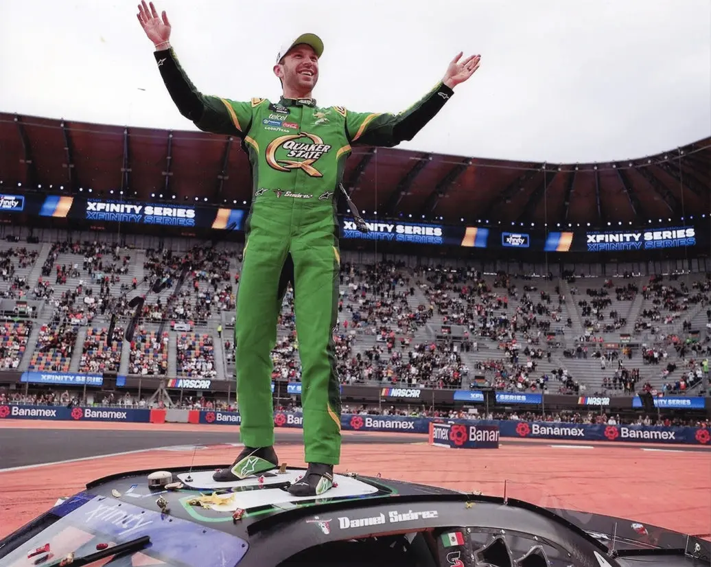Autographed 2025 Daniel Suarez #9 Quaker State - Mexico City Race Win (Victory Celebration) Signed 8X10 Inch Picture Nascar Glossy Photo With Coa 1