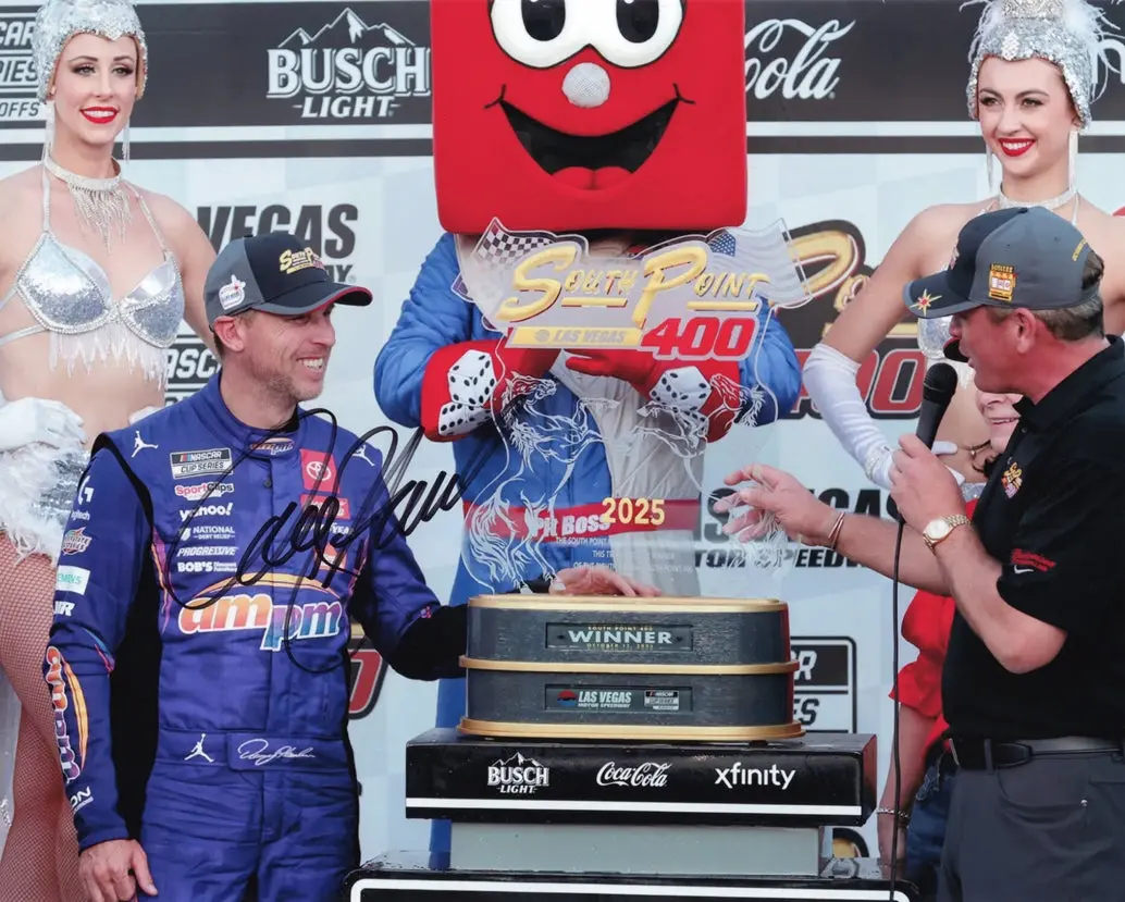 Autographed 2025 Denny Hamlin #11 Ampm Racing - Las Vegas Race Win (Victory Lane Show Girls) Signed 8X10 Inch Picture Nascar Glossy Photo With Coa 1