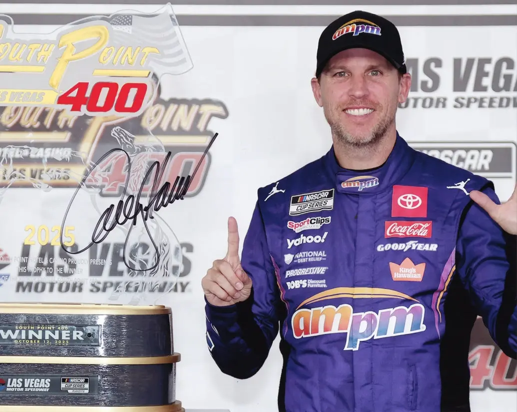 Autographed 2025 Denny Hamlin #11 Ampm Racing - Las Vegas Race Win (Victory Lane Trophy) Signed 8X10 Inch Picture Nascar Glossy Photo With Coa 1
