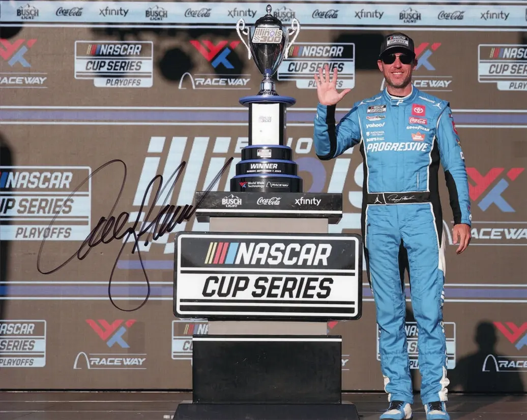 Autographed 2025 Denny Hamlin #11 Progressive Racing - Gateway Win (Victory Lane Trophy) Signed 8X10 Inch Picture Nascar Glossy Photo With Coa 1