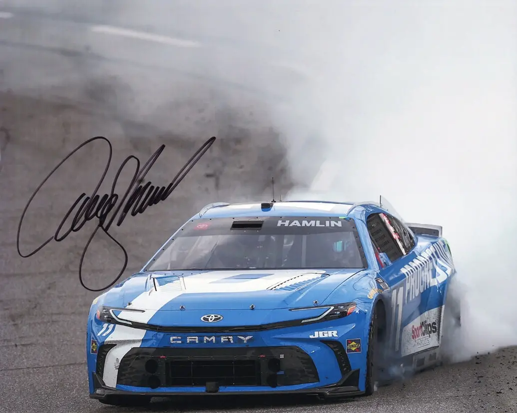 Autographed 2025 Denny Hamlin #11 Progressive Racing - Martinsville Race Win (Burnout) Signed 8X10 Inch Picture Nascar Glossy Photo With Coa 1