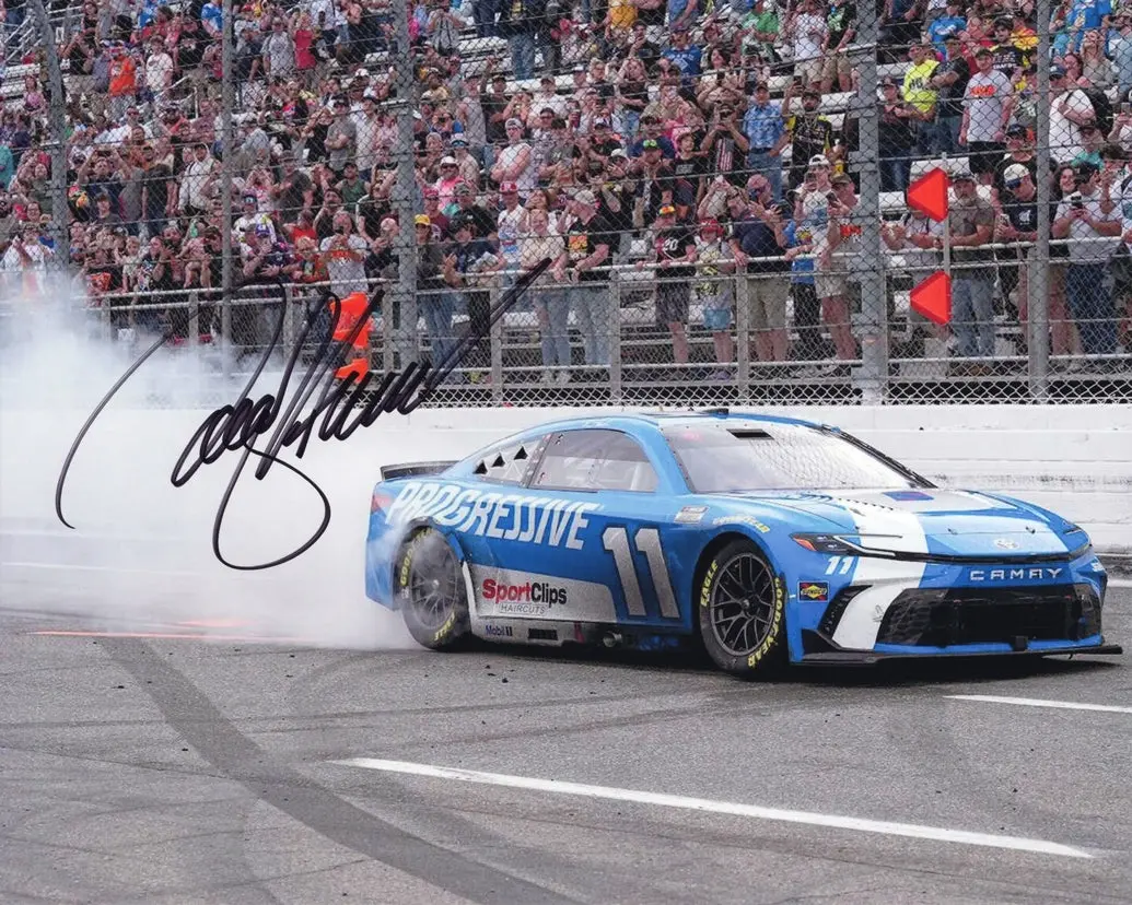 Autographed 2025 Denny Hamlin #11 Progressive Car- Martinsville Win (Victory Burnout) Signed 8X10 Inch Picture Nascar Glossy Photo With Coa 1
