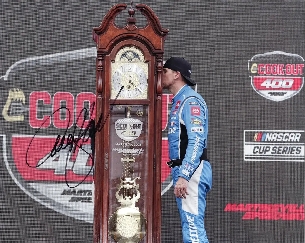 Autographed 2025 Denny Hamlin #11 Progressive - Martinsville Win (Kissing The Clock) Signed 8X10 Inch Picture Nascar Glossy Photo With Coa 1