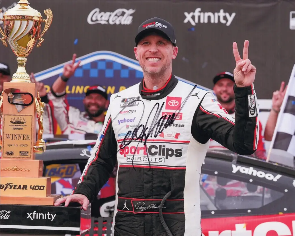 Autographed 2025 Denny Hamlin #11 Sport Clips Racing - Darlington Win (Victory Lane Trophy) Signed 8X10 Inch Picture Nascar Glossy Photo With Coa 1