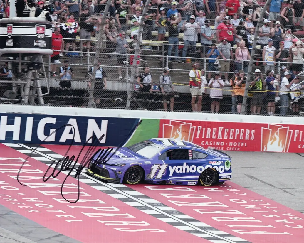 Autographed 2025 Denny Hamlin #11 Yahoo Racing - Michigan Race Win (Checkered Flag) Signed 8X10 Inch Picture Nascar Glossy Photo With Coa 1
