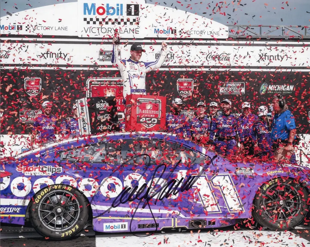Autographed 2025 Denny Hamlin #11 Yahoo Racing - Michigan Race Win (Victory Lane) Signed 8X10 Inch Picture Nascar Glossy Photo With Coa 1