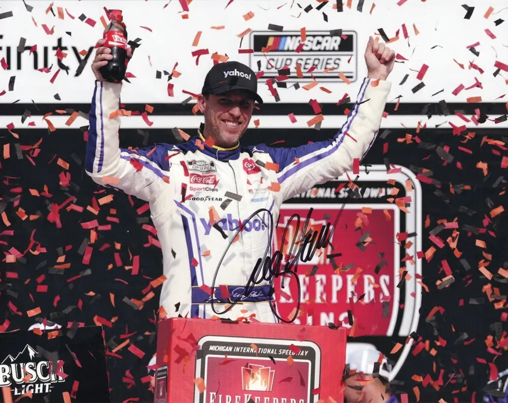 Autographed 2025 Denny Hamlin #11 Yahoo - Michigan Win (Victory Lane Confetti) Signed 8X10 Inch Picture Nascar Glossy Photo With Coa 1