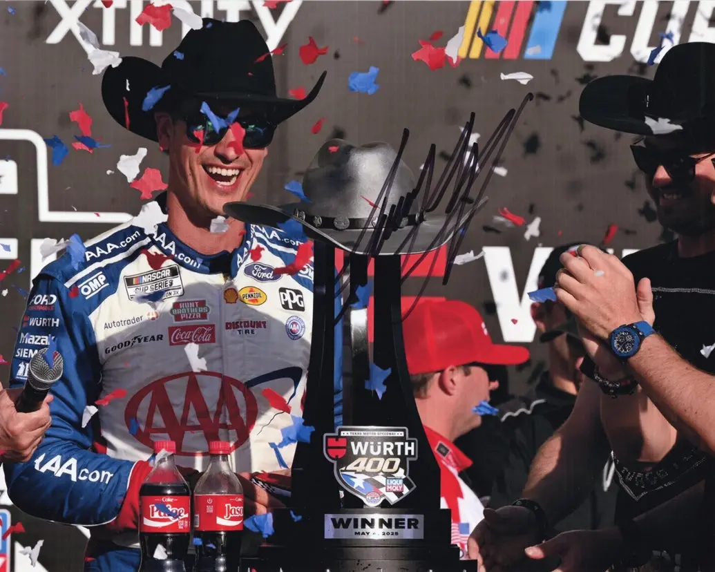 Autographed 2025 Joey Logano #22 Aaa Racing - Texas Race Win (Victory Lane Trophy) Signed 8X10 Inch Picture Nascar Glossy Photo With Coa 1