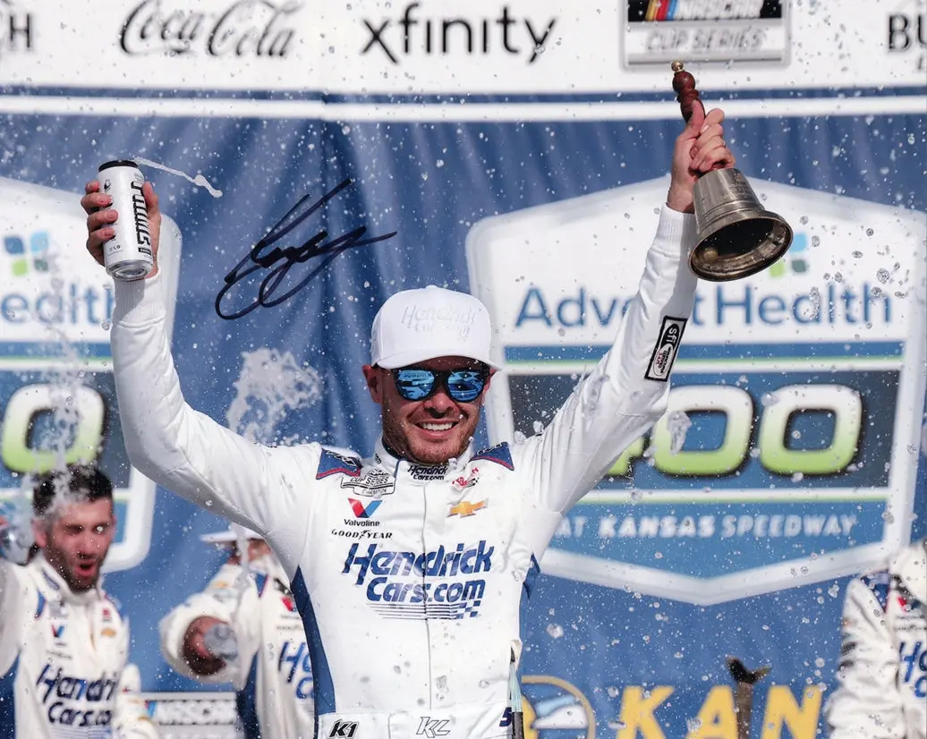 Autographed 2025 Kyle Larson #5 Hendrick Racing / Kansas Race Win (Victory Lane Trophy) Signed 8X10 Inch Picture Nascar Glossy Photo With Coa 1