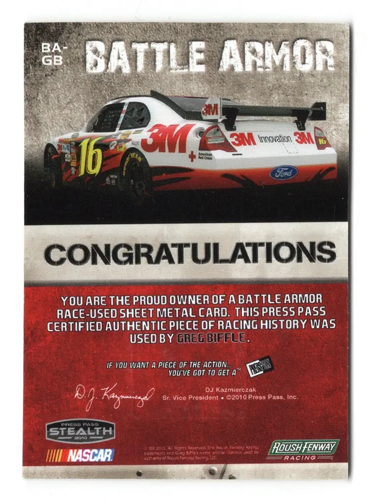 Autographed Greg Biffle 2010 Press Pass Stealth Racing Battle Armor #09/25 (Race Used Sheet Metal) Signed Nascar Collectible Trading Card With Coa (Only 25 Produced) 2