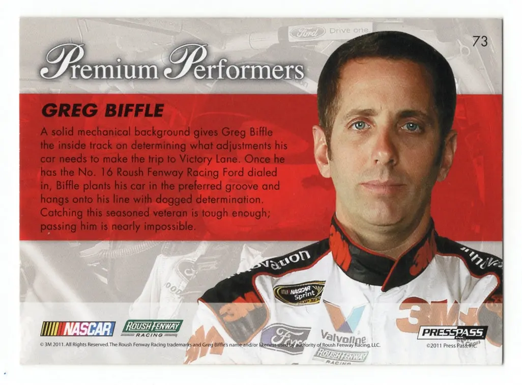 Autographed Greg Biffle 2011 Press Pass Racing Premium Performers (#16 Roush 3M Car) Signed Nascar Collectible Trading Card With Coa 2