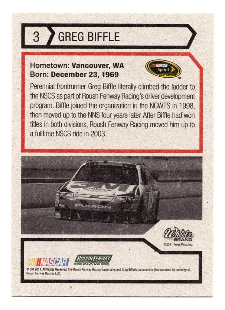 Autographed Greg Biffle 2011 Wheels Element Racing (#16 Roush 3M Car) Sprint Cup Series Signed Nascar Collectible Trading Card With Coa 2
