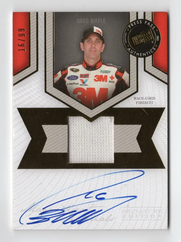 Autographed Greg Biffle 2013 Press Pass Racing - Magnificent Materials (Race Used Firesuit) Signature Edition Rare 1/1 Serial Number (Car #16 Of Only 99 Produced) Signed Nascar Trading Card With Coa 1