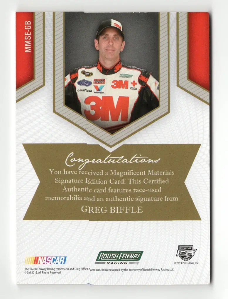 Autographed Greg Biffle 2013 Press Pass Racing - Magnificent Materials (Race Used Firesuit) Signature Edition Rare 1/1 Serial Number (Car #16 Of Only 99 Produced) Signed Nascar Trading Card With Coa 2