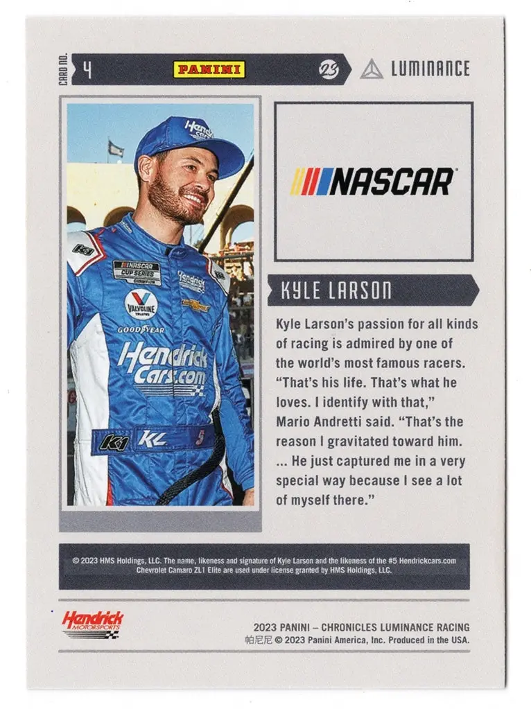Autographed Kyle Larson 2023 Panini Chronicles Racing Luminance Signed Nascar Collectible Trading Card With Coa 2
