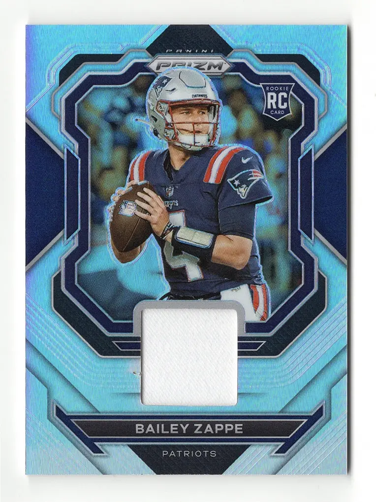 Bailey Zappe 2022 Panini Prizm Football Rookie Silver Prizm Jersey Relic Rare Insert Memorabilia Trading Card 1