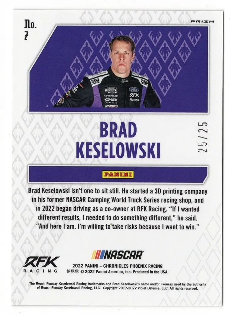 Brad Keselowski 2022 Panini Chroniciles Phoenix Racing Purple Prizm (Color Match) Rare Parallel Insert Nascar Collectible Trading Card #25/25 (Only 25 Made) 2