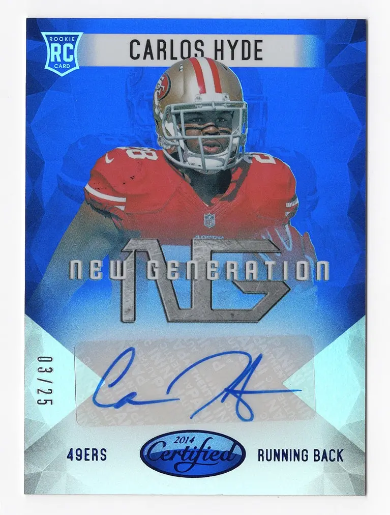 Carlos Hyde 2014 Panini Certified Football New Generation Rookie Autograph (San Francisco 49Ers) Blue Parallel Signed Nfl Collectible Insert Trading Card #03/25 1