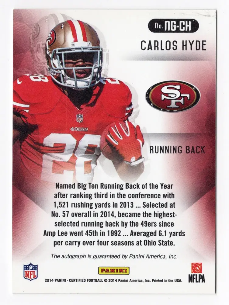 Carlos Hyde 2014 Panini Certified Football New Generation Rookie Autograph (San Francisco 49Ers) Blue Parallel Signed Nfl Collectible Insert Trading Card #03/25 2