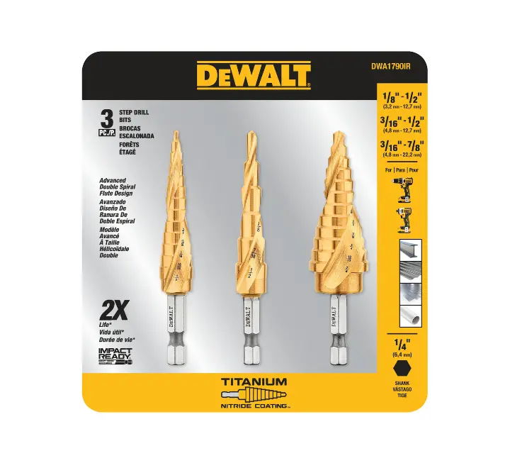 Juego De Brocas Escalonadas De Titanio 1/8" - 1/2", 3/16" - 1/2", 3/16" - 7/8" 3 Piezas | Dewalt 1