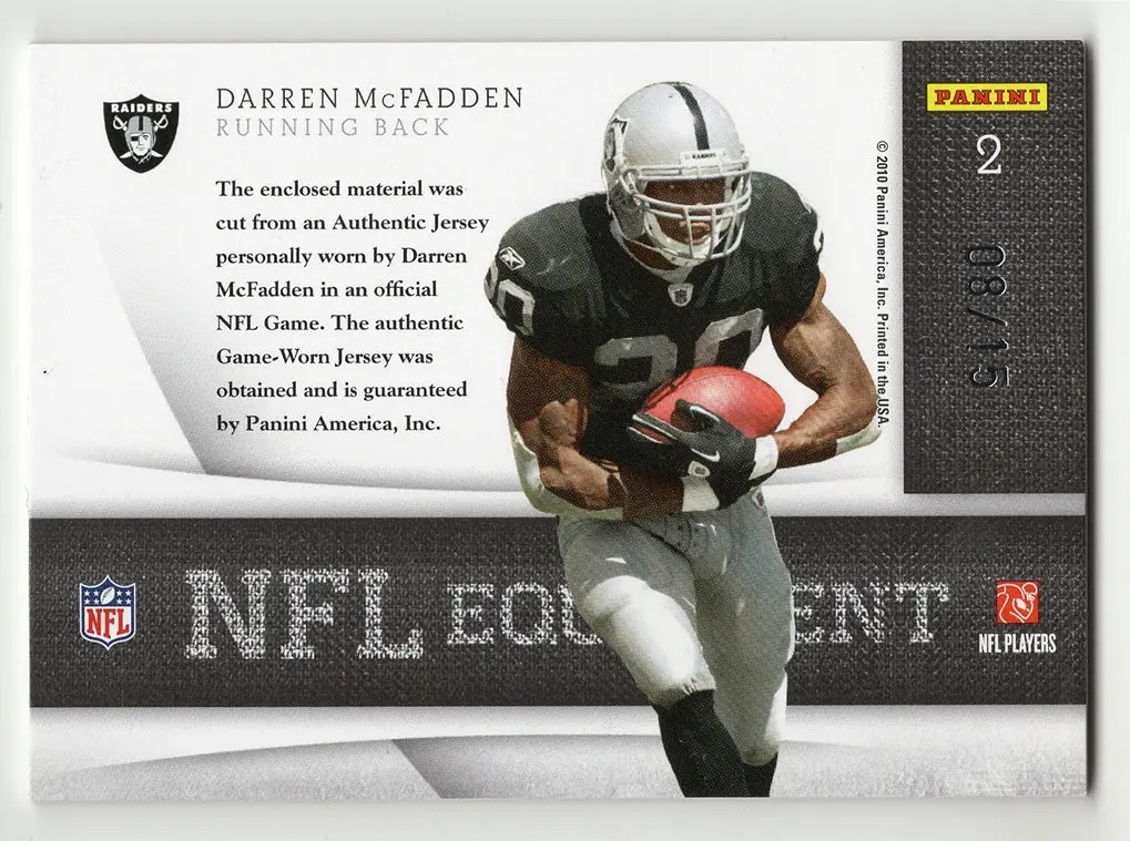 Darren Mcfadden 2010 Panini Plates & Patches Football Game-Worn Jersey Relic (2-Color Patch) Raiders Gold Insert Memorabilia Trading Card #08/15 (Only 15 Made) 2