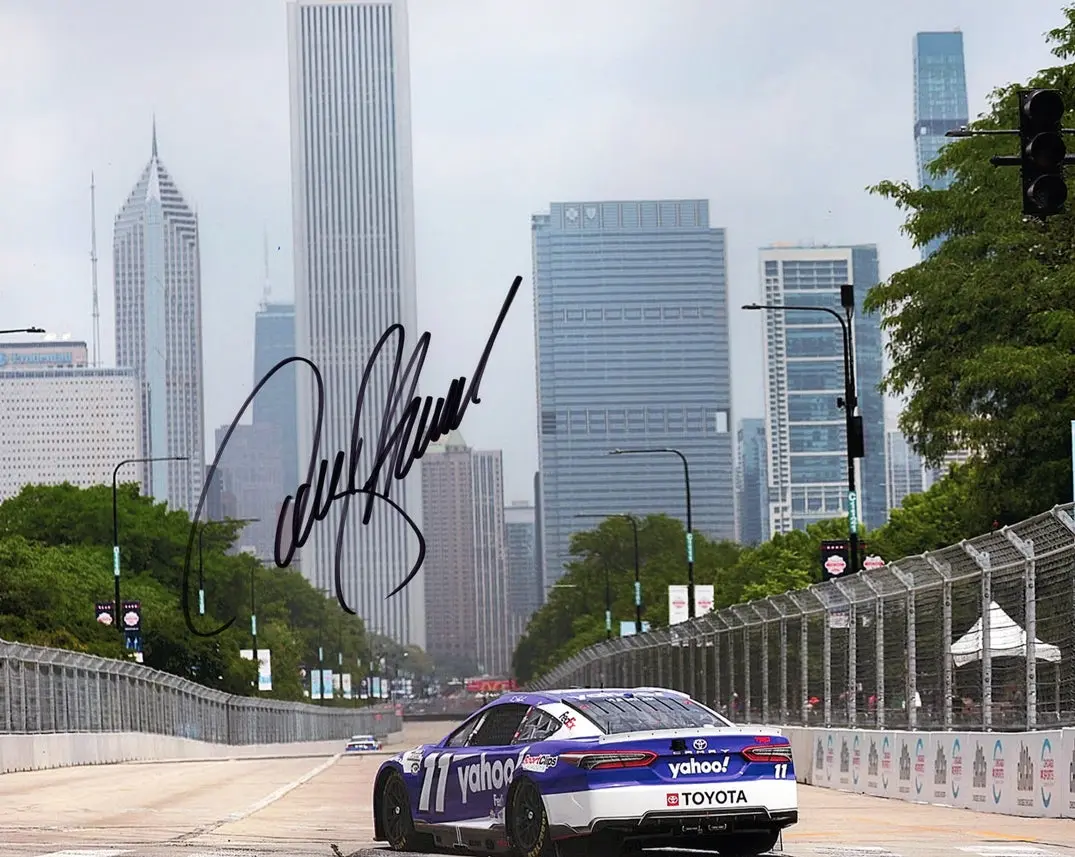Autographed 2023 Denny Hamlin #11 Yahoo Racing Chicago Street Race Signed 8X10 Inch Picture Nascar Photo With Coa 1